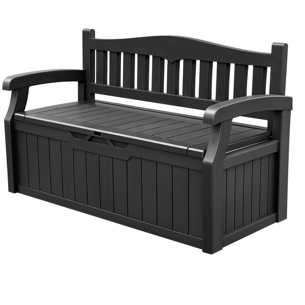 80 Gal. Black Plastic Outdoor Bench with Back and Armrest, Storage Bench De