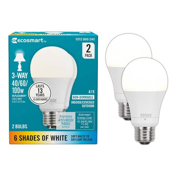 40/60/100-Watt Equivalent A19 Non-Dimmable LED Light Bulb with Selectable Color Temperature 3 Way (2-Pack)