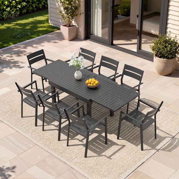 9 Pieces Black Aluminum Rectangular Outdoor Dining Set with Extendable Table and Stackable Armchairs