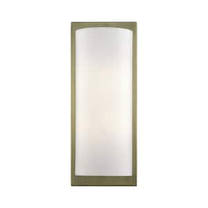 Brenton 6 in. 2-Light Antique Brass ADA Wall Sconce with Off-White Fabric Shade