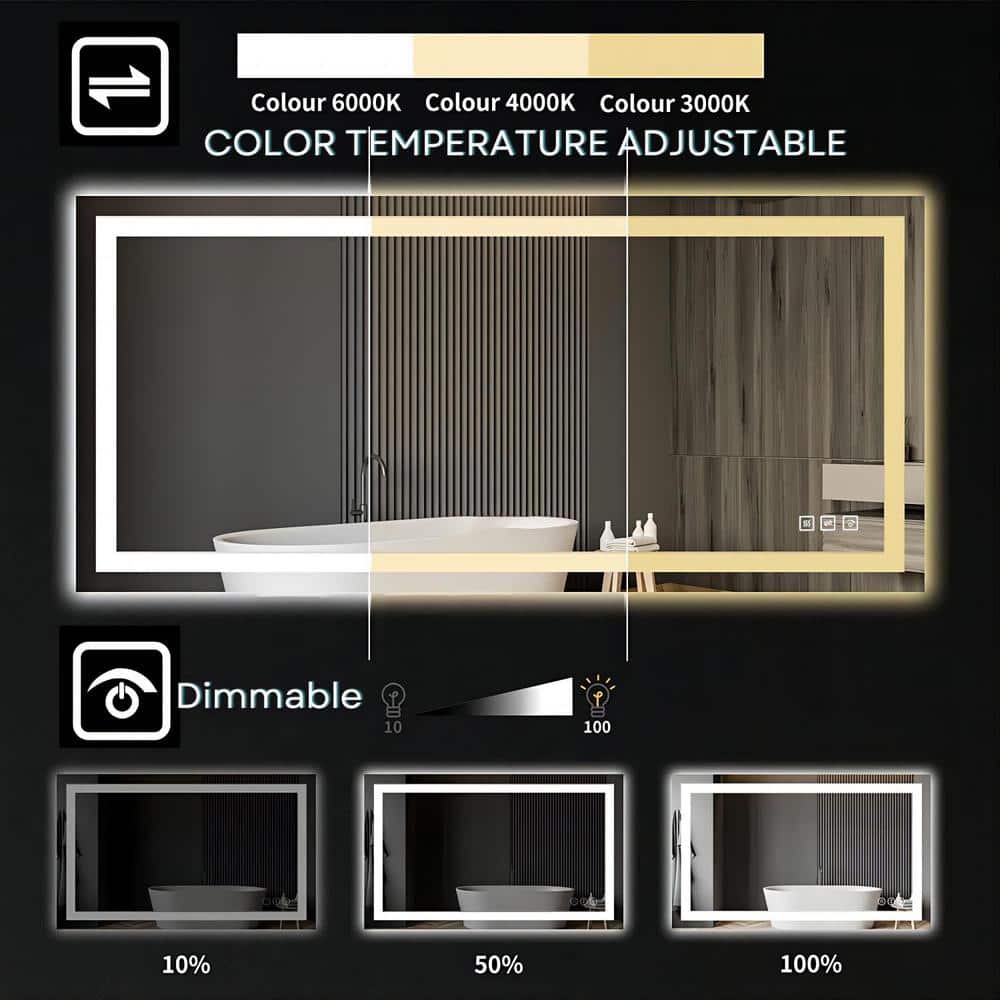 TOOLKISS Led Bathroom Mirror 72 x 36, Dimmable Vanity Mirrors For Wall, Anti-fog, 3 Colors Adjustable, Memory, Double Led Lights ( Front And Backlit ) Durable Tempered Material