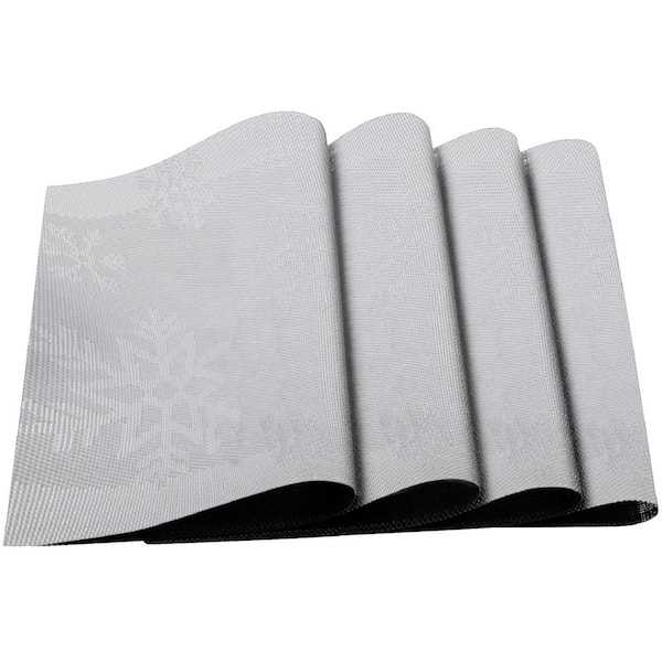 J&V TEXTILES Silver Snowflakes Jacquard 12 in. x 18 in. PVC Fiber Woven Non-Slip Washable Placemat (Set of 4)