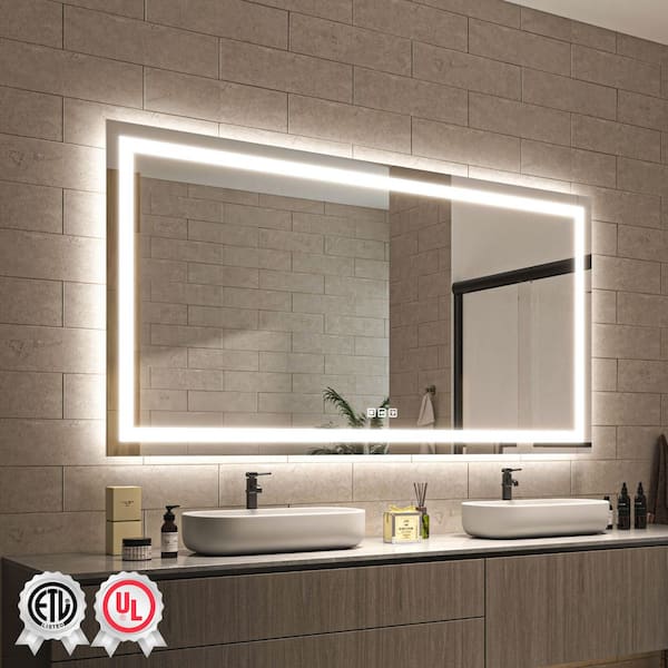 72 in. W x 40 in. H Rectangular Frameless Wall Bathroom Vanity Mirror with Backlit and Front Light
