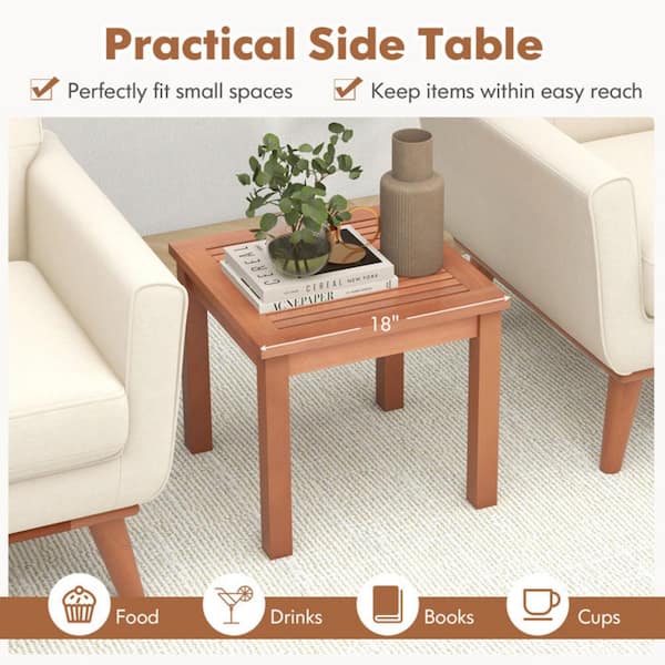 Kadehome 18 Inch Square Wood Outdoor Side Table with Slatted