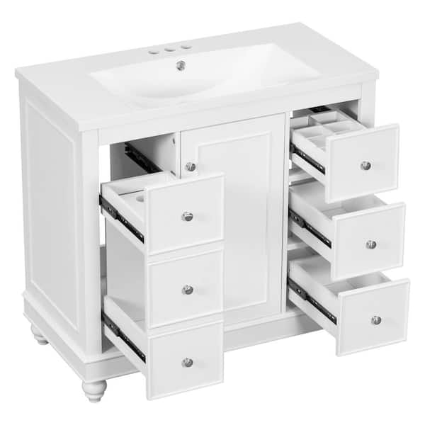 Aoibox 36 in. W x 18 in. D x 34 in. H Single Sink Bath Vanity in White with White Resin Integrated Top, 4 Drawers and 1 Door