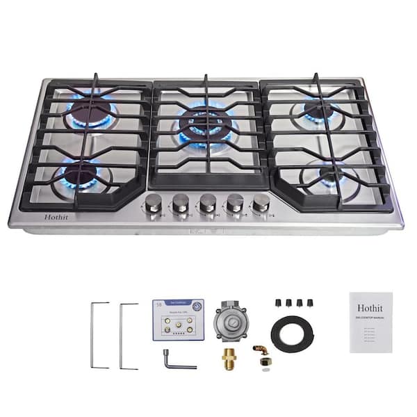 FUNKOL 34 in. 5-Burner Gas Cookto LPG/NG Dual Fuel Stainless Steel in Silver with Cast Iron Grille
