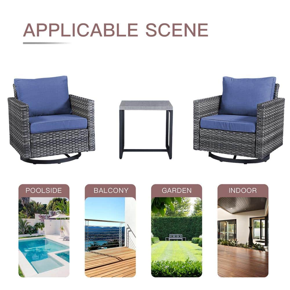 Gray Wicker Outdoor Swivel Rocking Armchairs with Blue Cushions
