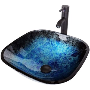 Glass Square Vessel Sink in Ocean Blue