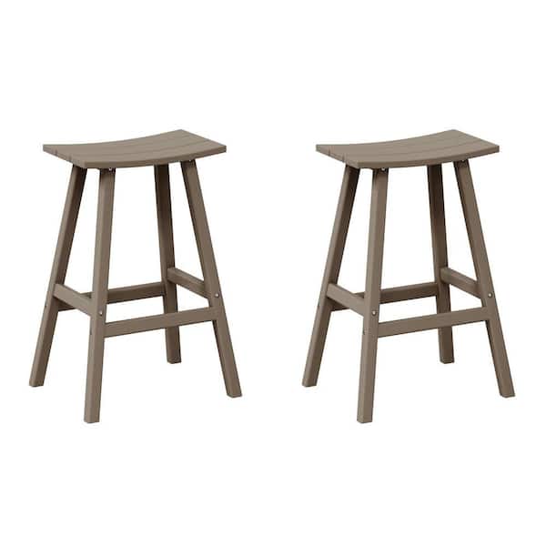 Franklin Weathered Wood 29 in. Poly HDPE Fade Resistant Outdoor Patio Saddle Seat Pub Height Bar Stool (Set of 2)