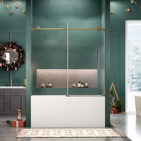 Unbranded 60 in. W x 60 in. Frameless Sliding Bathtub Door, Bathtub Shower Door, 1/4 in. SGCC Clear Tempered Glass, Brushed Gold