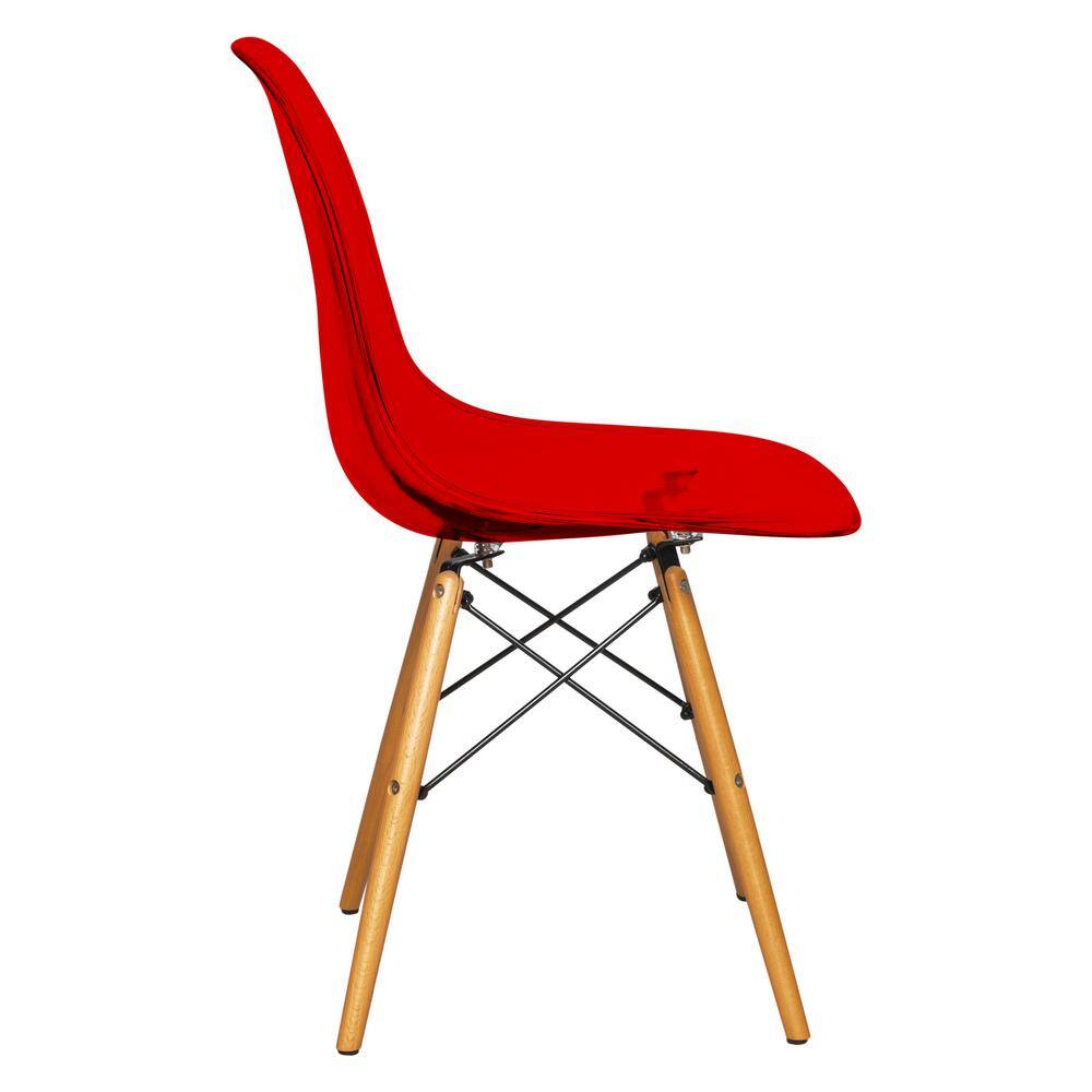 Transparent Red Molded Plastic Side Chair with Wooden Legs