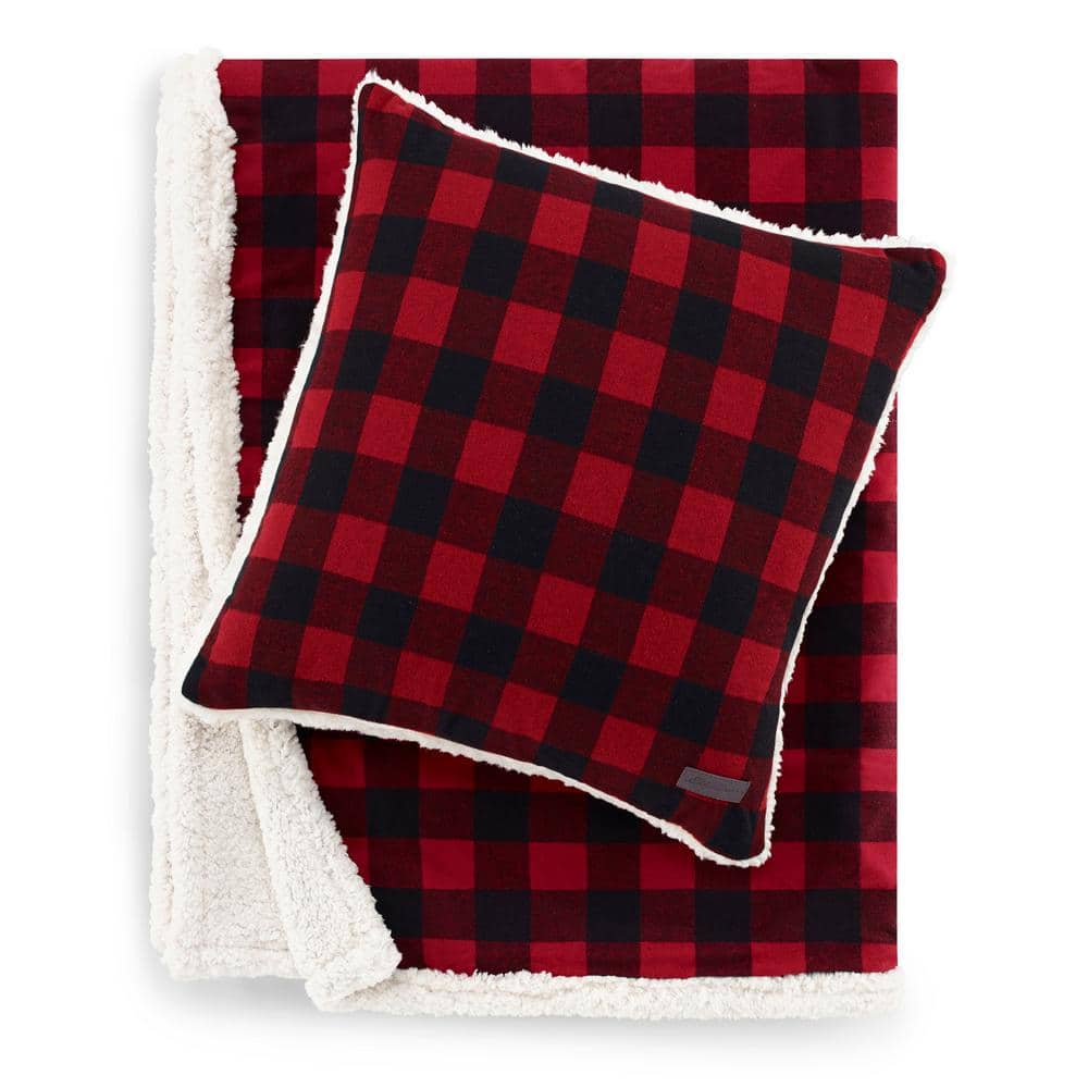 Red Plaid Cotton Sherpa Reversible Throw Blanket and Pillow Set