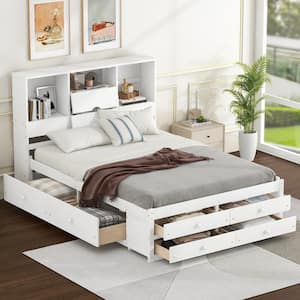 White Wood Frame King Size Platform Bed with Storage Headboard and 8-Drawers