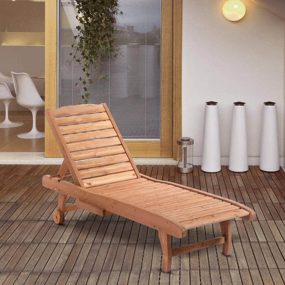 Natural Brown Wood Outdoor Chaise Lounge with Reclining Backrest