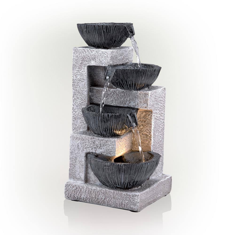 14" Gray Resin Cascading Bowl Tabletop Fountain with LED Lights