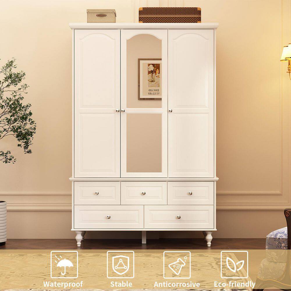 White Paint Big Wardrobe Armoires W/Mirror, Hanging Rod, Drawers, Adjustable Shelves 70.9 in. H x 47.2 in. W x 20 in. D - thumbnail 7