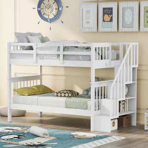 Hazzard White Twin Over Twin Bunk Bed with Stairs and Shelves