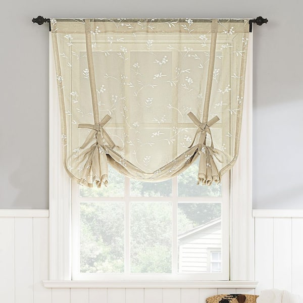 Bridget Rod Pocket Linen Leaf Print Fabric Window Tie-Up Shade 42 in. W x 63 in. L Sheer Curtain (Single Panel)