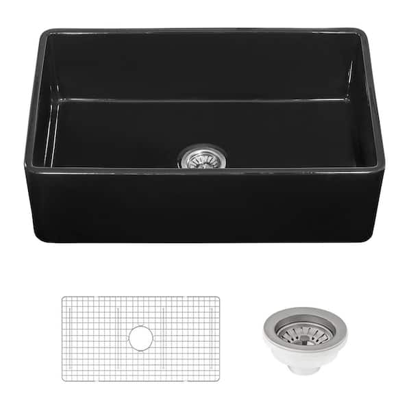 Fiamma 30 in. Apron-Front Farmhouse Single Bowl Fireclay Reversible Kitchen Sink in Glossy Black