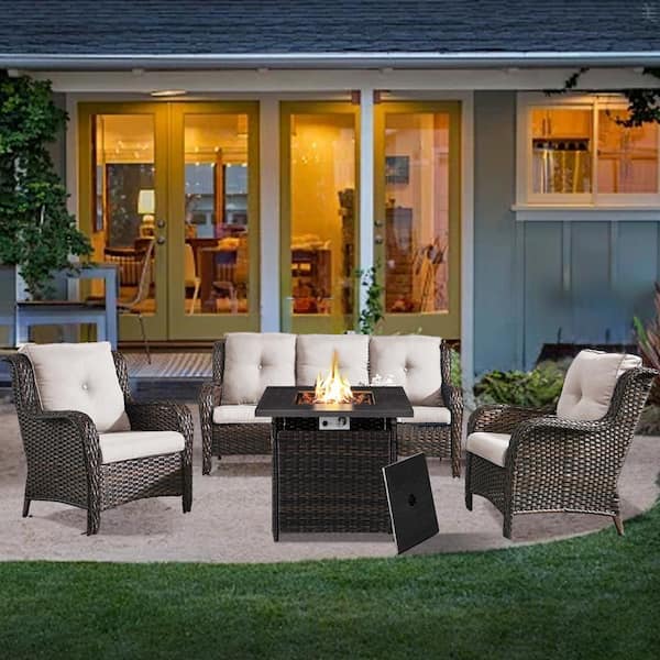 moosprr 4-Piece Brown Wicker Fire Pit Conversation Set with Olefin Beige Cushions and Curved Arm Couch