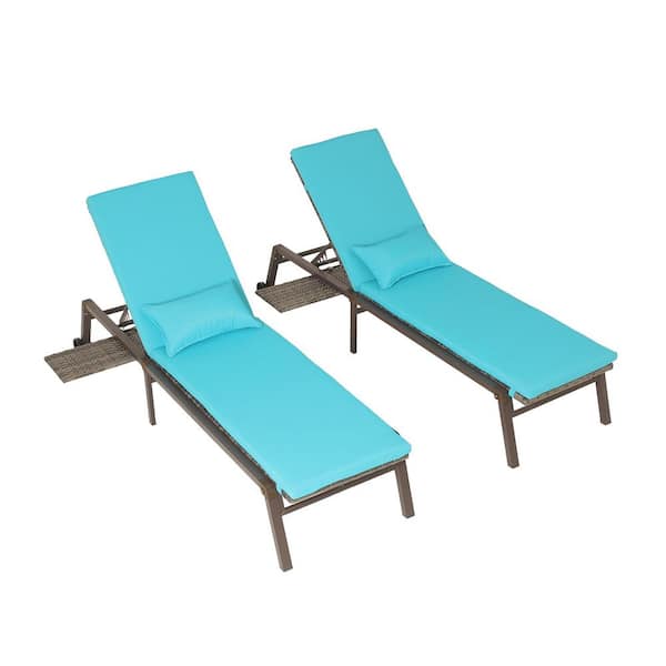 Unbranded Gray 2-Piece Wicker Outdoor Chaise Lounge with Blue Cushions for Pool and Garden