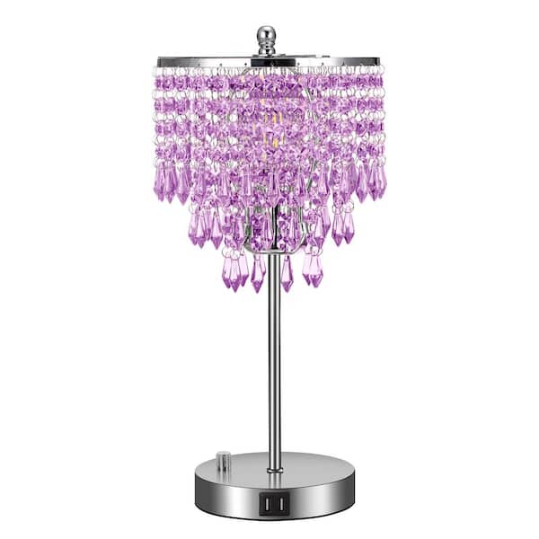 Briignite 17 in. Purple LED Purple Crystal Task & Reading Table Lamp with Chrome Dual USB Ports for Bedroom and Living Room
