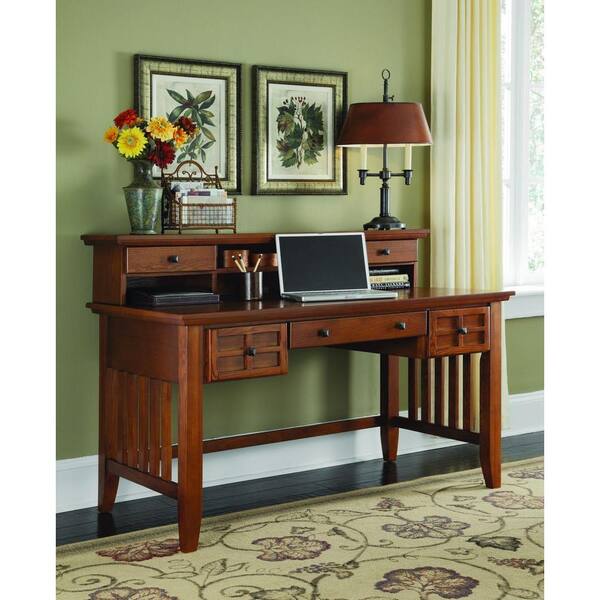 HOMESTYLES 39 in. Cottage Oak Rectangular 5 -Drawer Writing Desk with Keyboard Tray