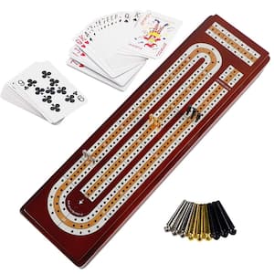 3 Track Wood Cribbage Board Game Set with Larger Storage Area, 9 Metal Pegs and 2 Decks of Playing Cards