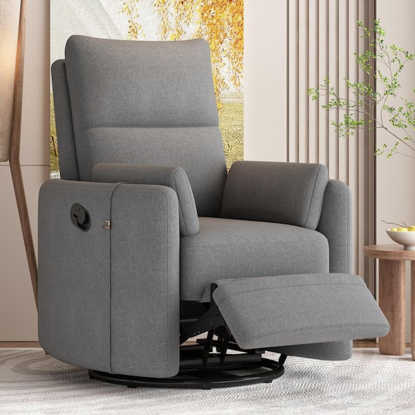 Gray Linen Fabric Upholstered Manual Recliner with Rocking and 360° Swiveling