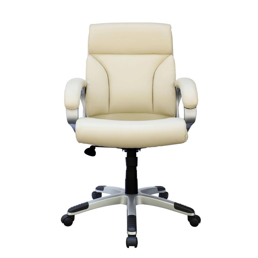 Ivory Leather Mid-Back Executive Swivel Chair with Fixed Arms