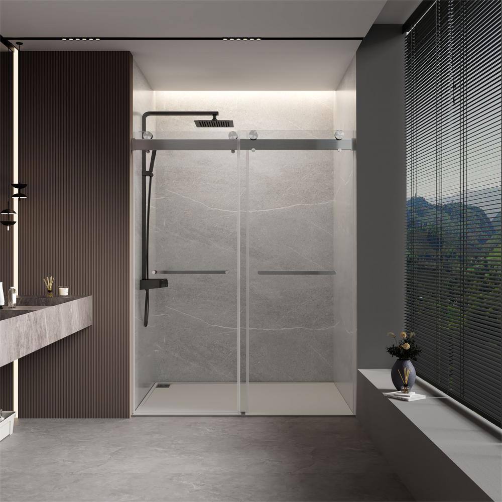Brushed Nickel Frameless Sliding Shower Door with Tempered Glass