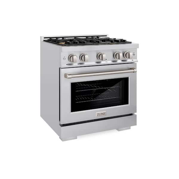 Select 30 in. 4-Burner Dual Fuel Range with Convection Oven and Brass Burners in Stainless Steel