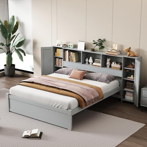 Harper & Bright Designs Gray Wood Frame Full Size Platform Bed with Shelves and Cabinets