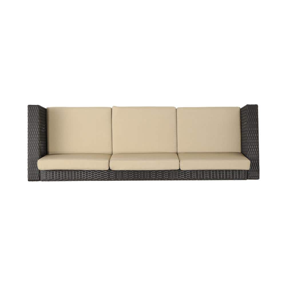Transitional 3-Seater Dark Brown Wicker Outdoor Sofa with Beige Cushions