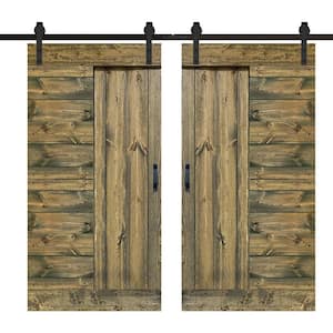 L Series 84 in. x 84 in. Aged Barrel Finished Solid Wood Double Sliding Barn Door with Hardware Kit - Assembly Needed