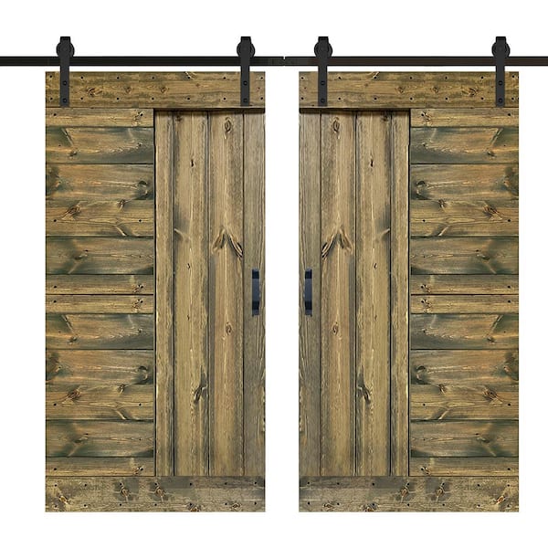 ISLIFE L Series 84 in. x 84 in. Aged Barrel Finished Solid Wood Double Sliding Barn Door with Hardware Kit - Assembly Needed