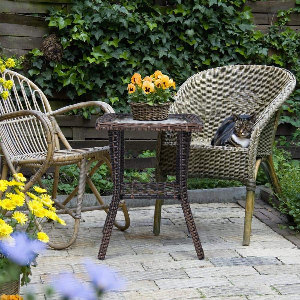 Brown Square Wicker Outdoor Side Table with Glass Top and Steel Frame