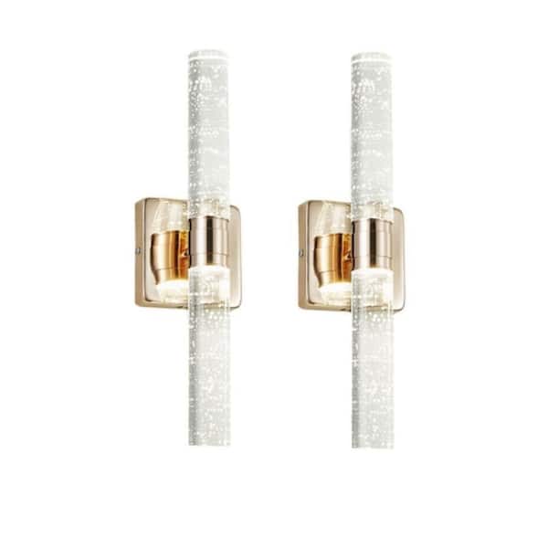 17 in. Gold LED Wall Sconce with Clear Bubble-Embellished Acrylic Cylinder Shade, 2-Pieces