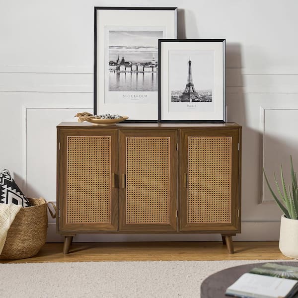 JAYDEN CREATION Ezio 3-Door Espresso Rattan Accent Cabinet with Adjustable Shelt and Solid Wood Leg