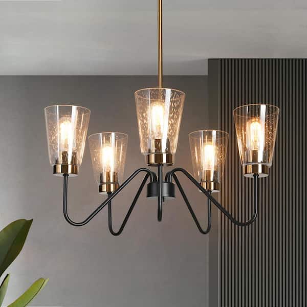 5-Light Black Island Chandelier Lighting, Seeded Glass Brass Gold Pendant Light, Modern Farmhouse Light Fixture