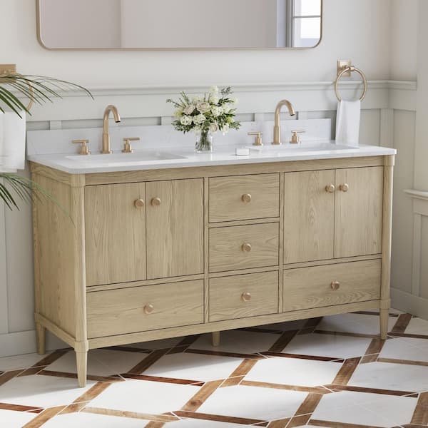 60 in. OAK Solid Wood Bath Vanity with Carrara White Quartz Top, Soft-Close Doors, Drawers, CUPC Certified, Assembled