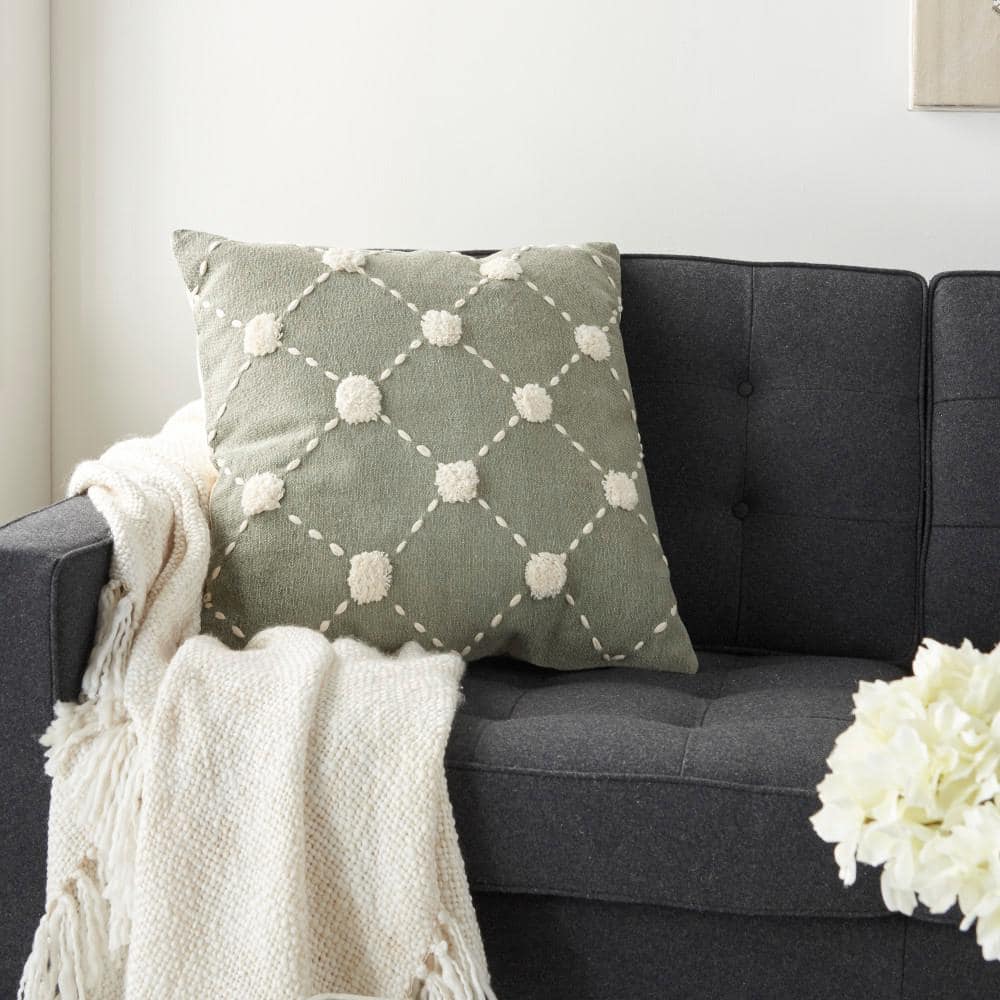 Sage Green Cotton Embroidered Square Throw Pillow 20" x 20"