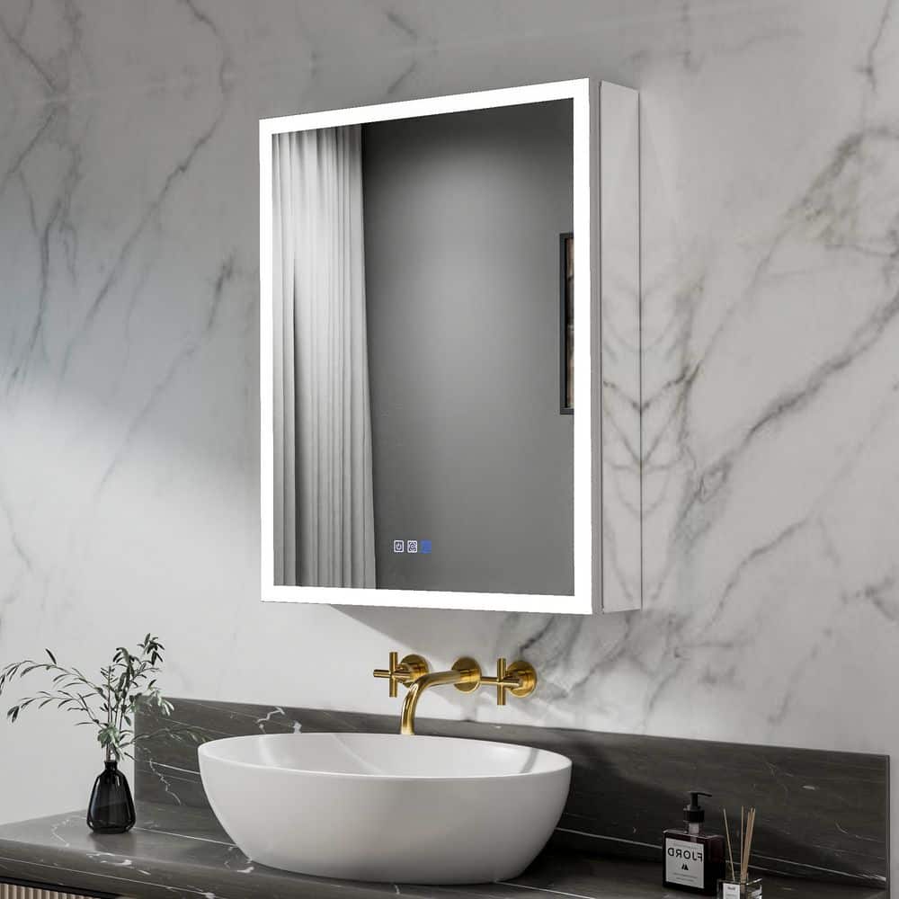 AZD 24 in. W x 30 in. H Rectangular Silver Aluminum Recessed/Surface Mount Right Dimmable Medicine Cabinet with Mirror -  Lonni, LONY2432V5RX
