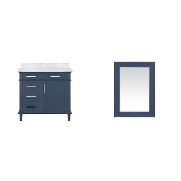 Sonoma 36 in. Single Sink Vanity with Carrara Marble Top and 22 in. x 30 in. Mirror in Midnight Blue