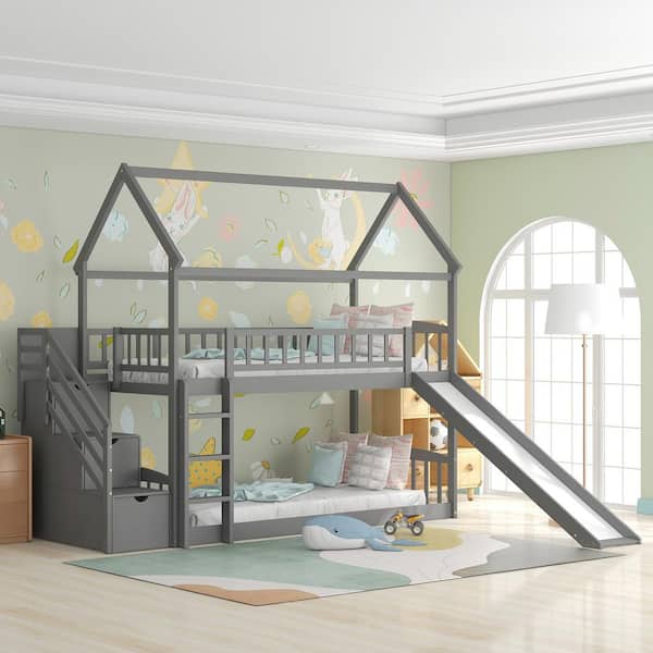 Qualler Gray Twin Over Twin House Bunk Bed with Drawers and Slide