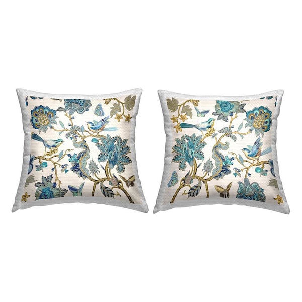 Traditional Paisley Flowers Birds Blue Square Outdoor Throw Pillow 2-Pack
