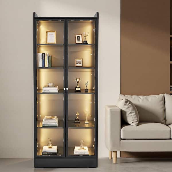 Tall Black Display Cabinet, 5-Tier Curio and Collectibles Organizer 67 in. Lighted Storage Unit with Adjustable Shelves