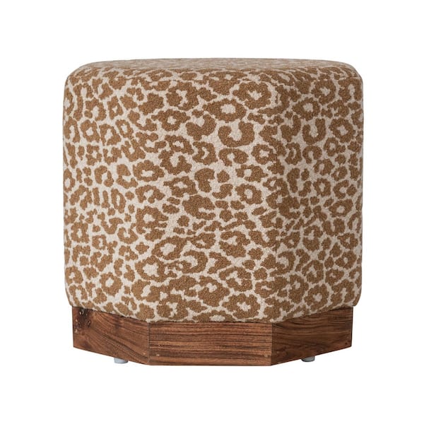 Stained Finish Cotton Upholstered Round Ottoman with Pine Wood Base
