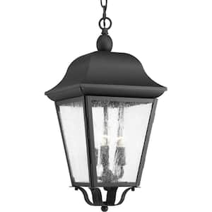 Kiawah Collection 3-Light Textured Black Clear Seeded Glass Farmhouse Outdoor Hanging Lantern Light