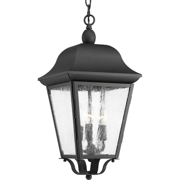 Progress Lighting Kiawah Collection 3-Light Textured Black Clear Seeded Glass Farmhouse Outdoor Hanging Lantern Light